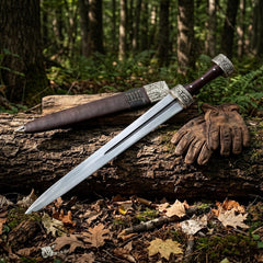 Hand Forged Celtic Leaf Blade Short Sword – High Carbon Steel Collectible Display Sword with Carved Antique Silver Fittings & Custom Leather Sheath