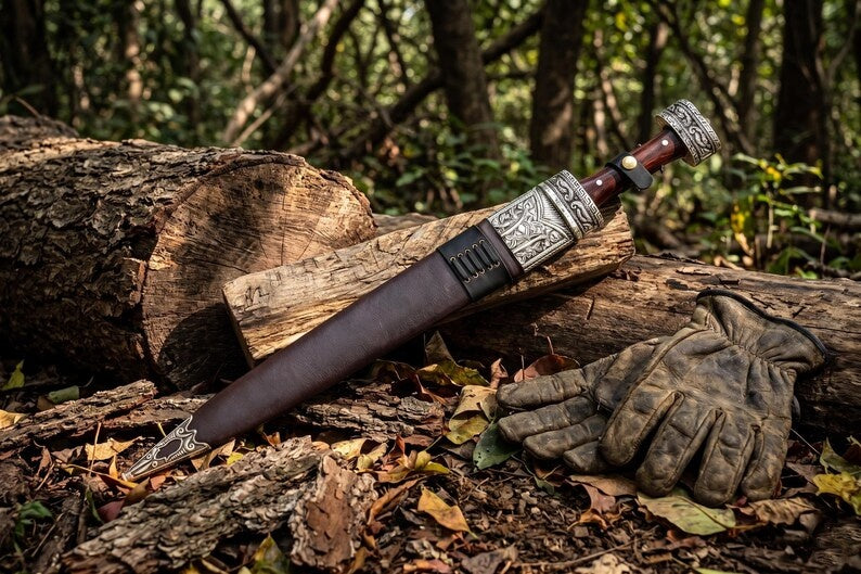Hand Forged Celtic Leaf Blade Short Sword – High Carbon Steel Collectible Display Sword with Carved Antique Silver Fittings & Custom Leather Sheath