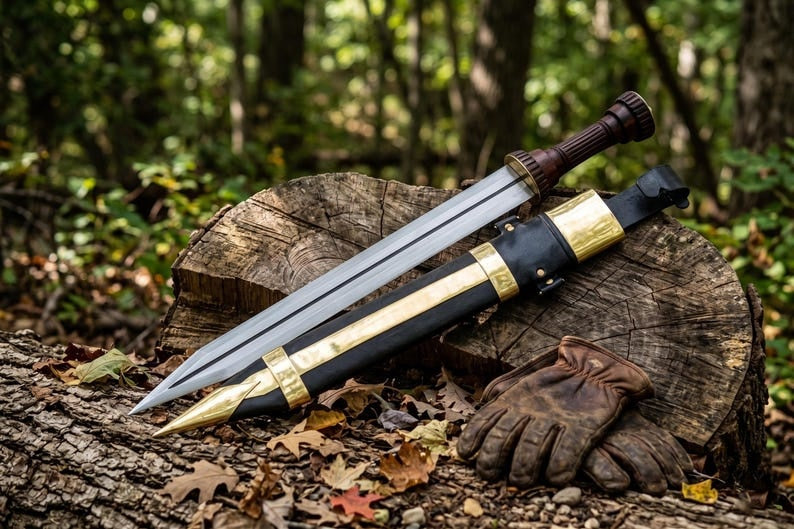 Hand Forged Roman Gladius Short Sword – High Carbon Steel Collectible Display Blade with Carved Wooden Hilt, Brass Accents & Custom Leather Sheath
