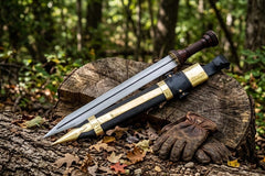 Hand Forged Roman Gladius Short Sword – High Carbon Steel Collectible Display Blade with Carved Wooden Hilt, Brass Accents & Custom Leather Sheath