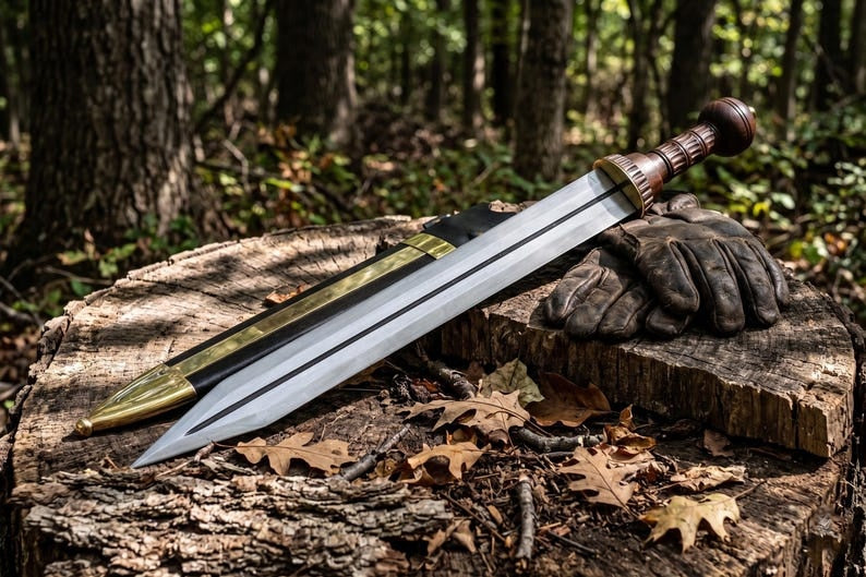 Hand Forged Roman Gladius Short Sword – High Carbon Steel Collectible Display Blade with Carved Wooden Hilt, Brass Accents & Custom Leather Sheath