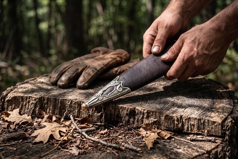 Hand Forged Celtic Leaf Blade Short Sword – High Carbon Steel Collectible Display Sword with Carved Antique Silver Fittings & Custom Leather Sheath