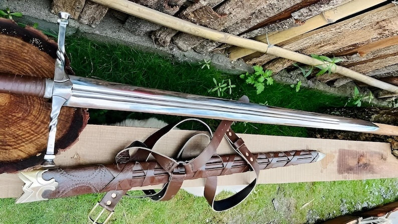 Hand Forged Steel Sword Leather Scabbard Medieval Style Collectible