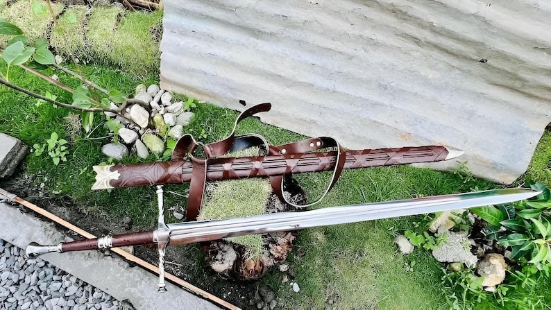 Hand Forged Steel Sword Leather Scabbard Medieval Style Collectible
