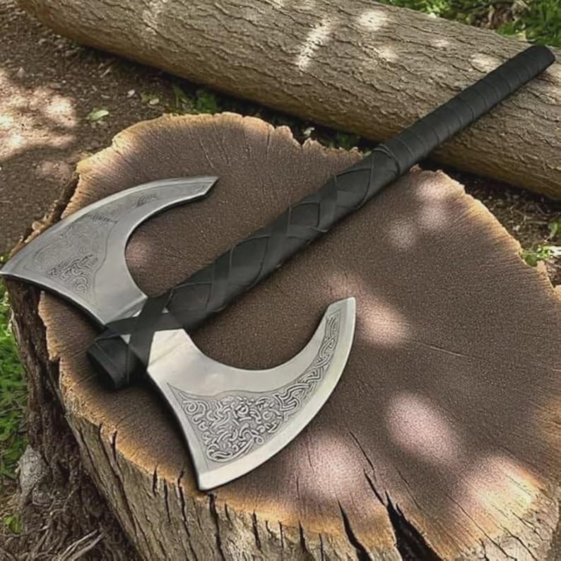 Hand-Forged Viking Double Head Axe - Medieval Replica with Ash Wood Handle