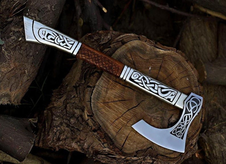 Hand-Forged Viking Axe - Engraved Norse Celtic Hatchet with Ash Wood Handle