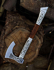 Hand-Forged Viking Axe - Engraved Norse Celtic Hatchet with Ash Wood Handle