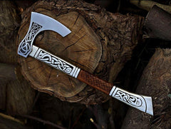 Hand-Forged Viking Axe - Engraved Norse Celtic Hatchet with Ash Wood Handle