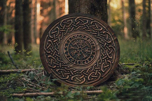 VW-43 Hand carved birch viking shield, with Nordic Vegvisir symbol shield, Christmas gift - Valknut Warriors