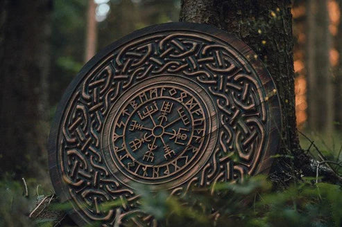 VW-43 Hand carved birch viking shield, with Nordic Vegvisir symbol shield, Christmas gift - Valknut Warriors